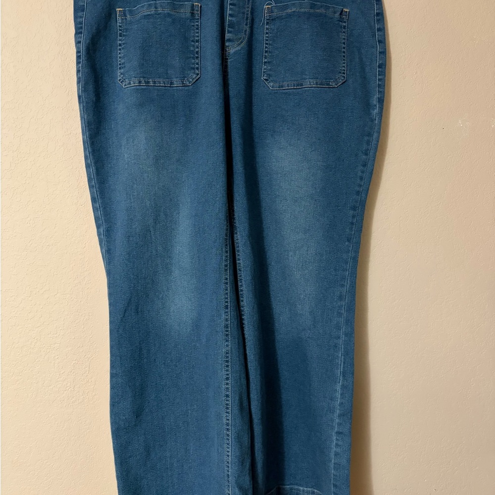 Women‎ High Rise Pull On Wide Leg Jeans Medium Wash Patch Pocket Denim Pants